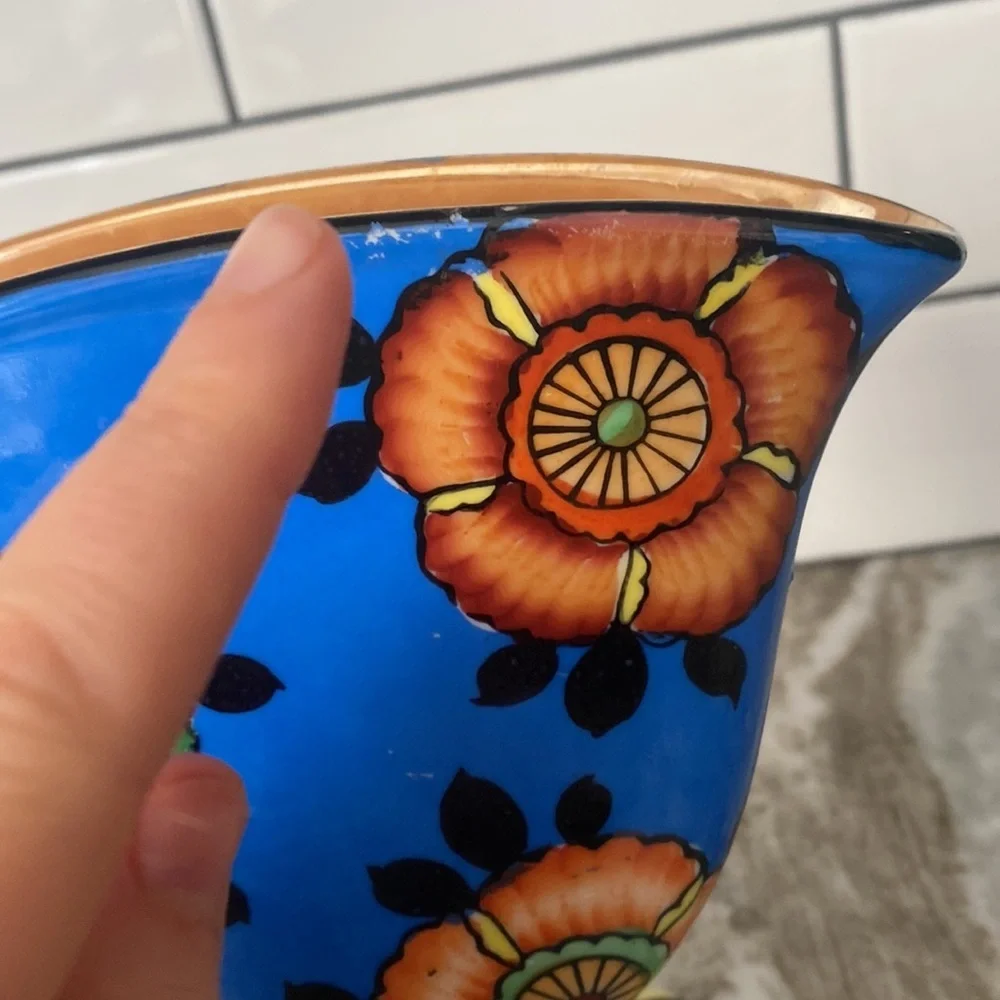 Art Deco Style Sakura Ware Fan Vase, Made in Japan hand painted. Colorful floral